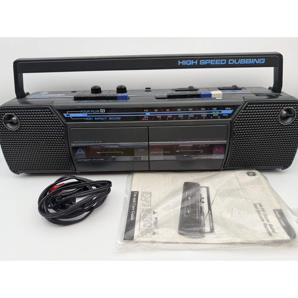 GE 3-5632 AM FM Stereo Dual Cassette Recorder Boombox High Speed Dubbing Works